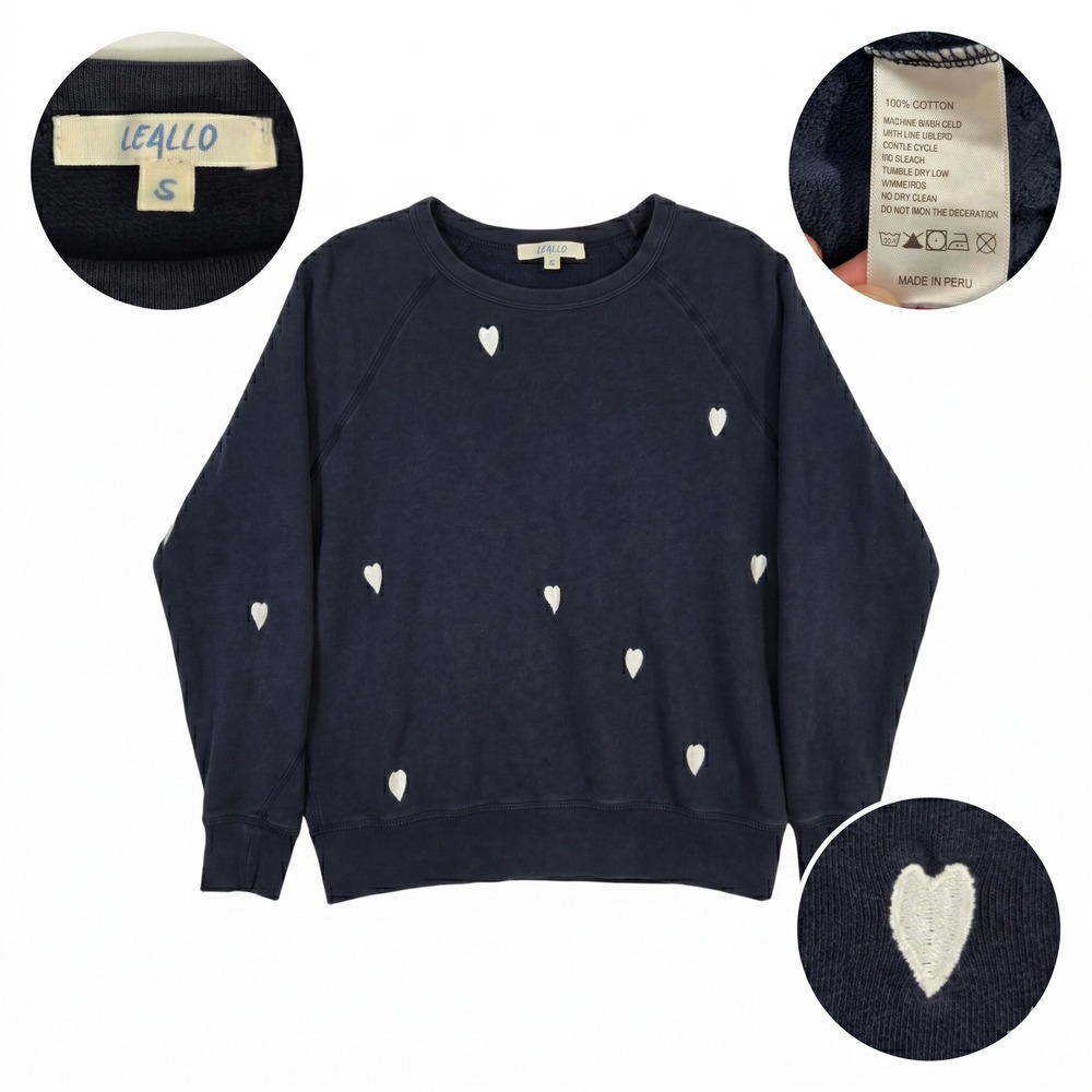 Leallo Embroidered Heart Sweatshirt Womens S Navy Blue Cotton‎ Crewneck Pullover